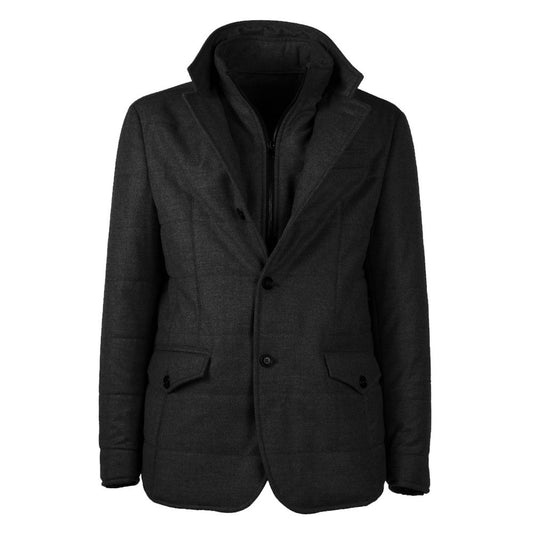 Made in Italy Black Wool Men's Jacket with Cashmere Touch featuring sleek button closure and removable internal faux vest.