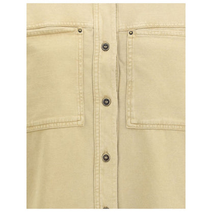 Close-up of Marant Etoile Beige Cotton Dress Shirt with button closure and front patch pockets, classic casual-chic design.