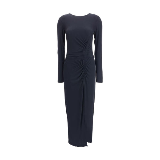 Marant Etoile Black Modal Casual Dress with elegant draping, round neckline, long sleeves, front slit, ideal for AW25 season.