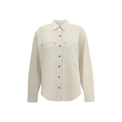 Marant Etoile White Cotton Dress Shirt with classic collar and front patch pockets, made from 100% cotton for an AW25 casual-chic style.
