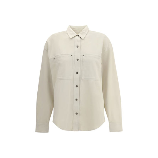 Marant Etoile White Cotton Dress Shirt with classic collar and front patch pockets, made from 100% cotton for an AW25 casual-chic style.