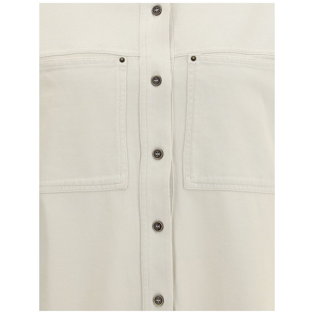 Close-up of Marant Etoile White Cotton Dress Shirt with button closure and patch pockets, highlighting casual-chic design and utility style.