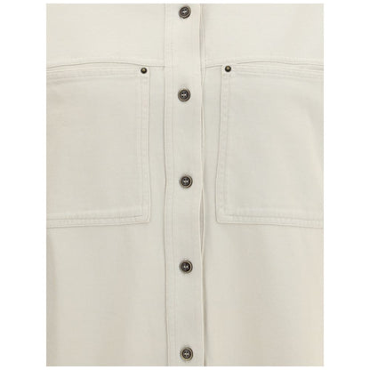 Close-up of Marant Etoile White Cotton Dress Shirt with button closure and patch pockets, highlighting casual-chic design and utility style.