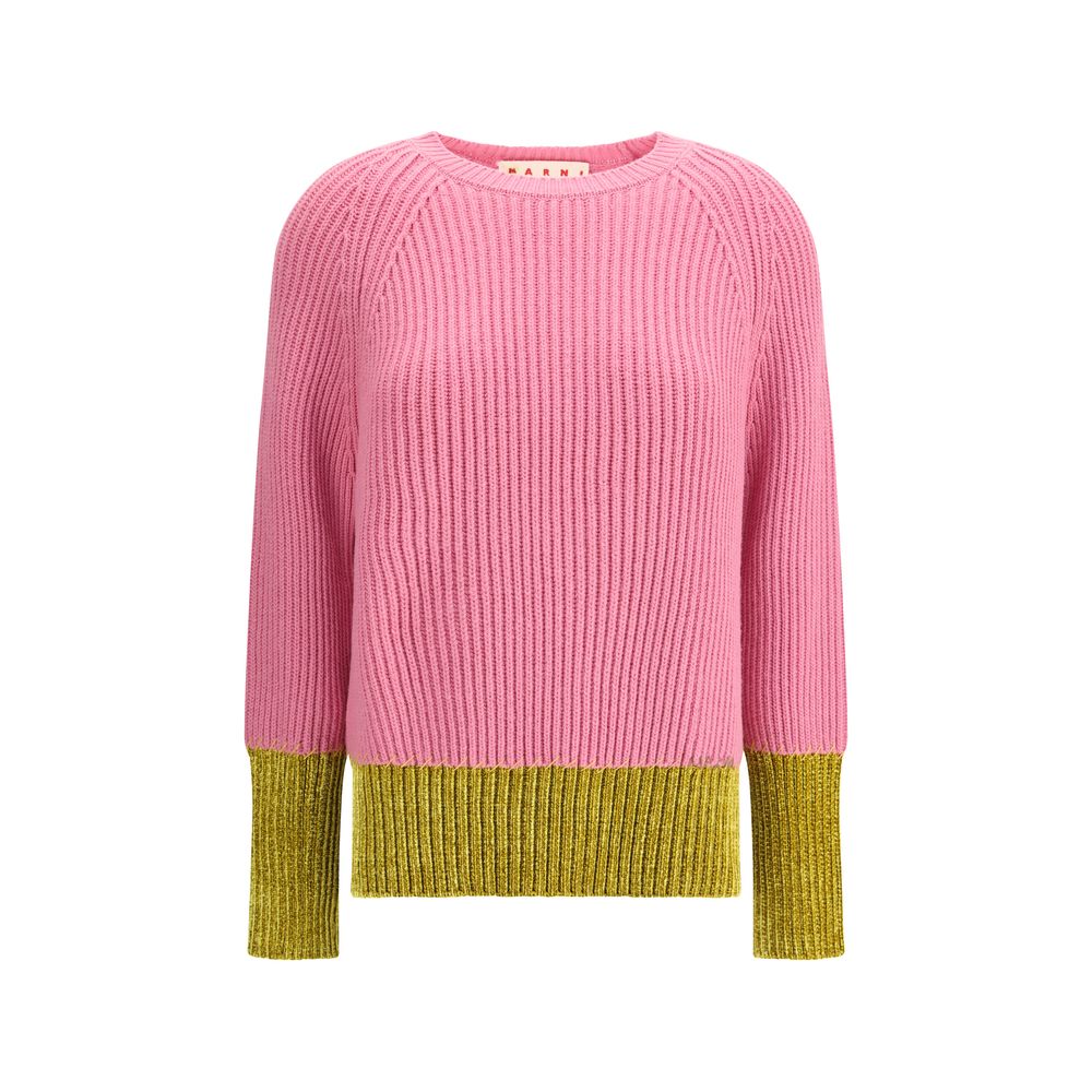 Marni Multicolor Fleece Wool Sweatshirt with pink and yellow color-block, English rib knit, crew neckline, hand-embroidered logo detail.