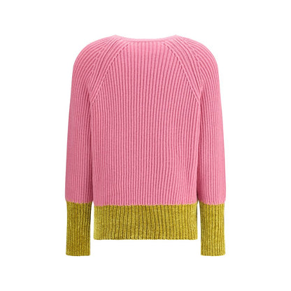 Marni Multicolor Fleece Wool Sweatshirt with color-block design in pink and yellow, featuring English rib knit and hand-embroidered logo.