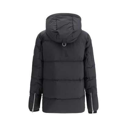 Back view of Moose Knuckles Black Nylon Coat with detachable hood, designed for warmth with RDS-certified down fill and modern style.