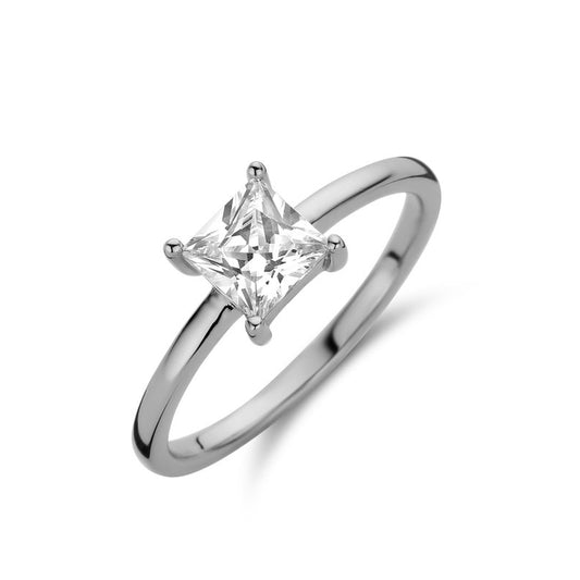Alt Tag: Elegant engagement ring featuring a square-cut diamond in a silver band, perfect for any special occasion.