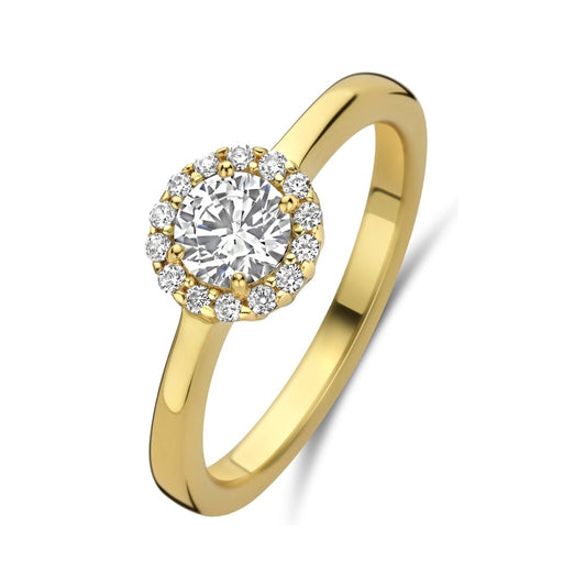 Elegant gold ring with a diamond halo design, perfect for any occasion. NEW BLING Mod. 9NB-1538-52 jewelry piece featuring sparkling stones.