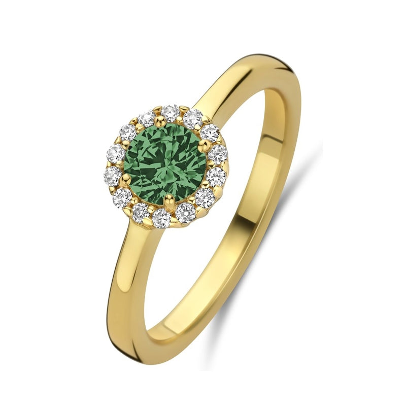 Alt Tag: NEW BLING Mod. 9NB-1539-54 elegant gold ring with green center stone and diamond accents, perfect for stylish occasions.