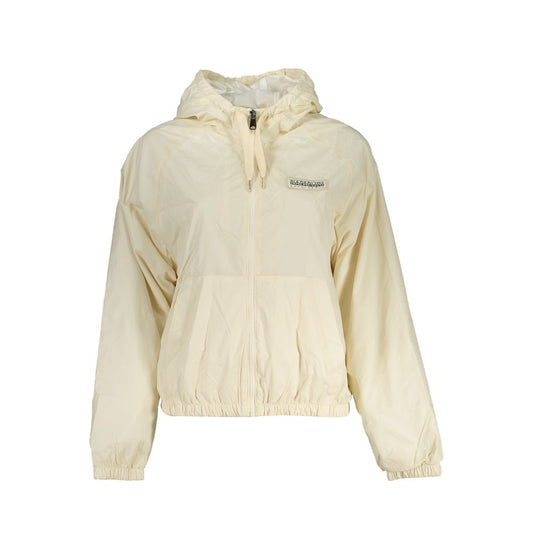 Napapijri Beige Polyester Jackets & Coat - hooded, waterproof sports jacket with logo, zip, and contrast details.