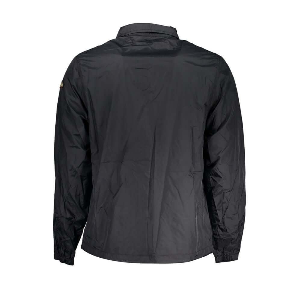Rear view of Napapijri Black Polyester Men Jacket showcasing its waterproof design and functional style.