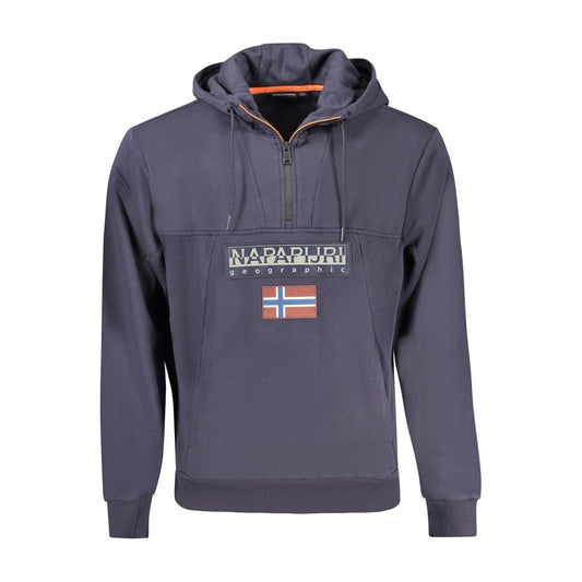 Napapijri Blue Organic Cotton Men Sweater with half-zip and bold appliqué branding, showcasing luxurious comfort and urban convenience.