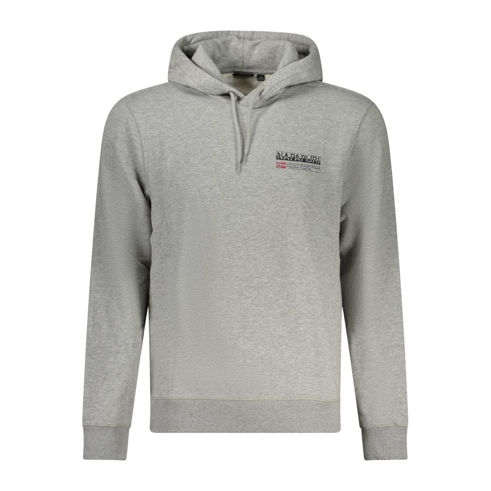 Napapijri Gray Cotton Men Sweater with logo, featuring long sleeves and hoodie, crafted for style and comfort.