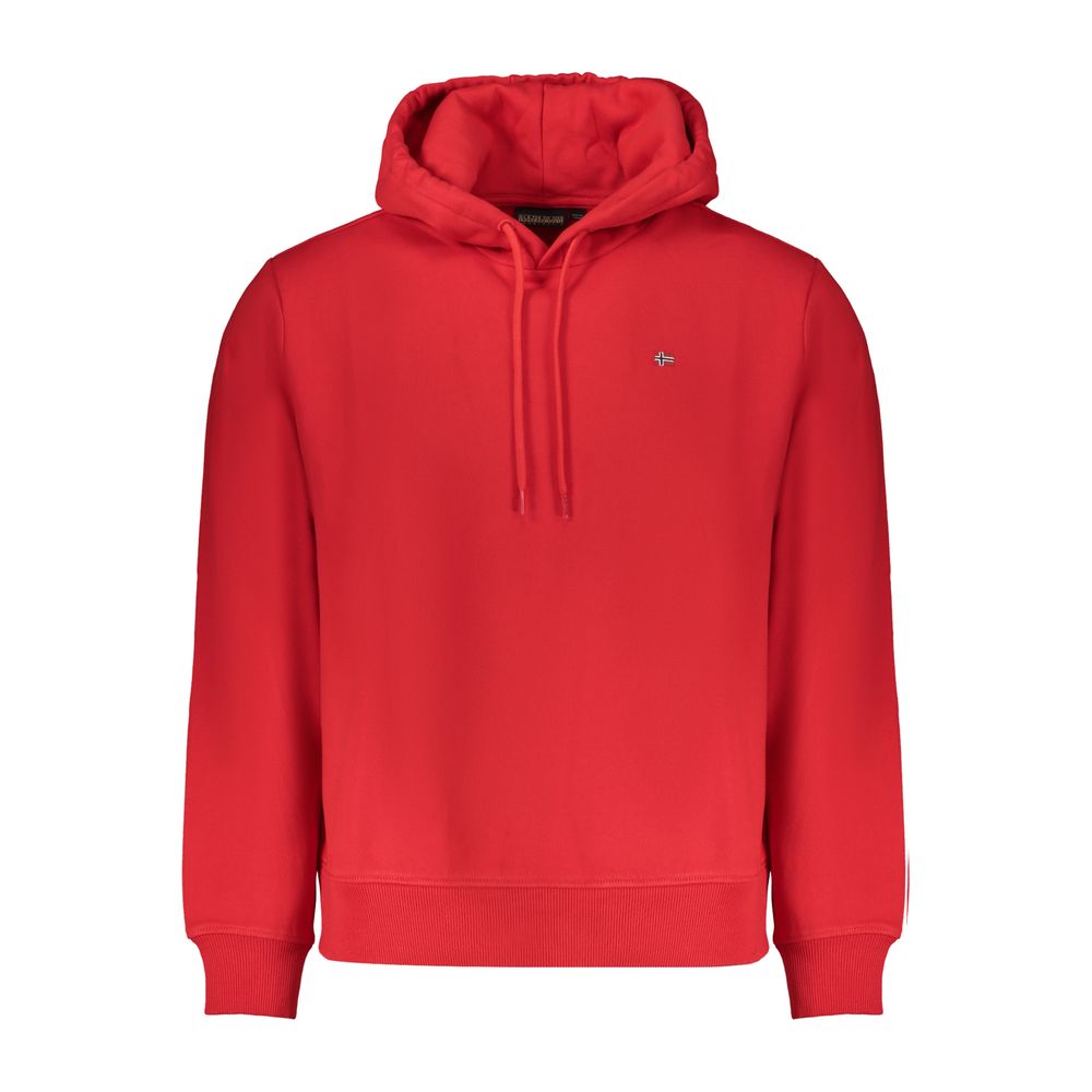Napapijri Red Cotton Men Sweater with hood showcasing a trendy design, featuring logo embroidery on front, perfect for casual style and comfort.
