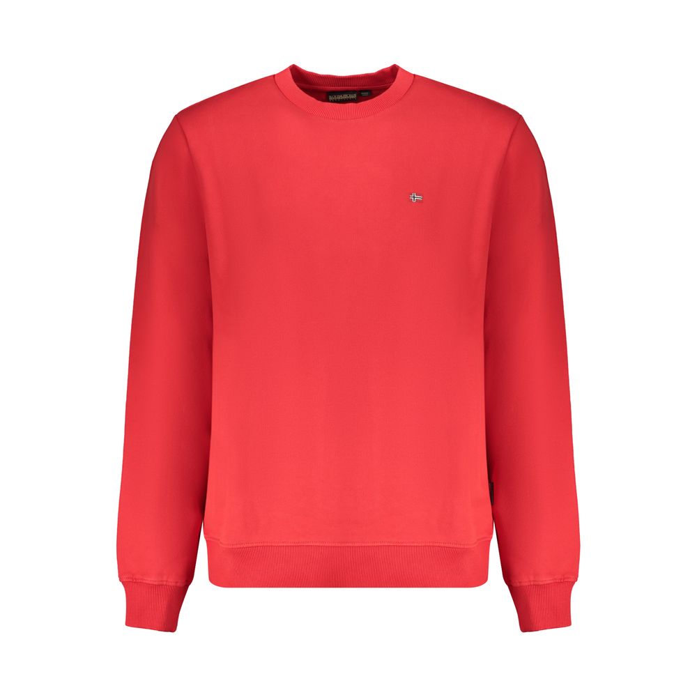 Napapijri Red Organic Cotton Men Sweater with crew neck and bold embroidery, showcasing sustainable fashion in a casual style.
