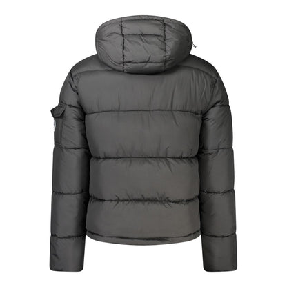 Back view of North Sails Black Polyester Men Jacket with removable hood and sleek design.