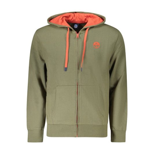 North Sails Green Cotton Men's Hooded Sweater with zip and logo, orange accents, and front pockets.
