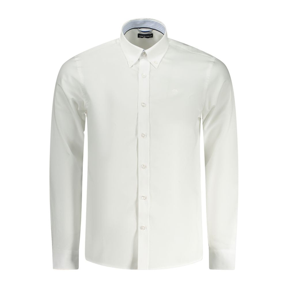 North Sails White Cotton Men Shirt with long sleeves and tailored fit, featuring contrasting internal button cuffs and subtle embroidery logo.
