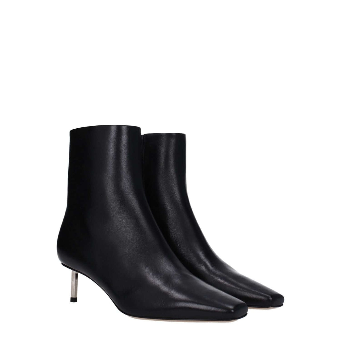 Off-White Black Leather Ankle Boots with square toe and mid heels, featuring a stylish zip closure and leather sole.