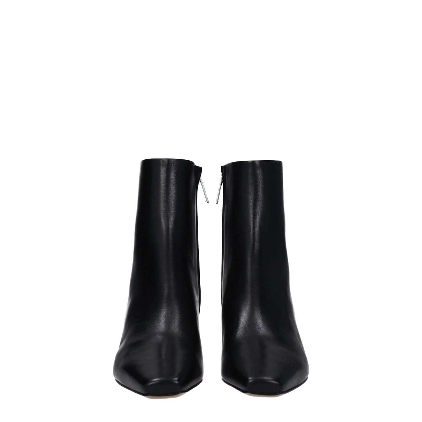 Off-White Black Leather Ankle Boots with zip closure and square toe, featuring mid heels and leather sole, front view.