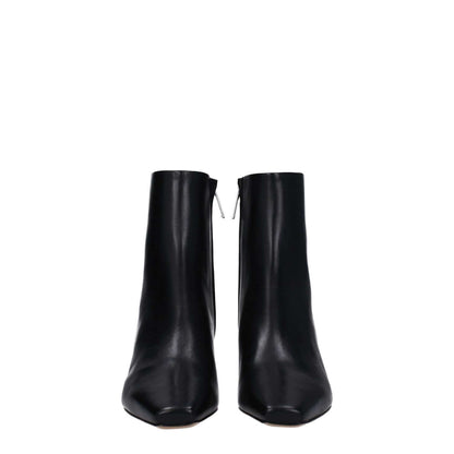 Off-White Black Leather Ankle Boots with zip closure and square toe, featuring mid heels and leather sole, front view.