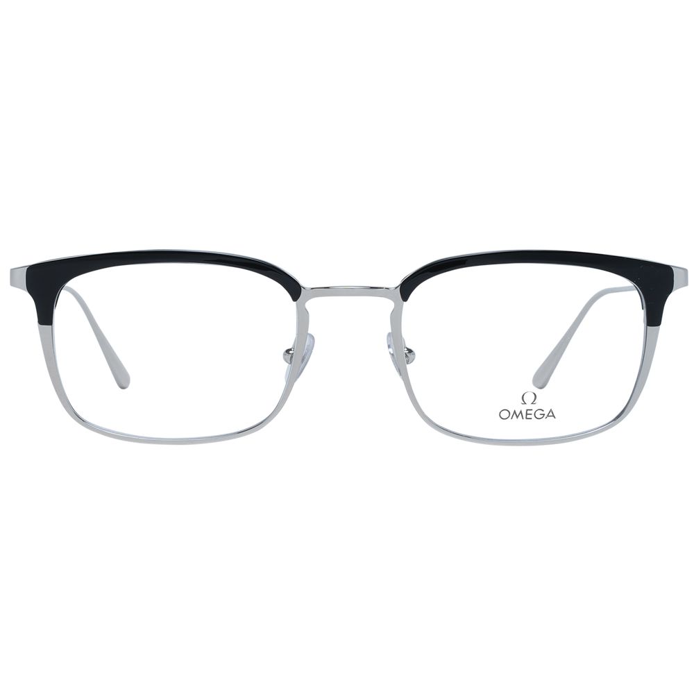 Omega Black Men Glasses Frame with full-rim rectangle style, acetate and metal construction, demo lenses, black color, size 53-21-145.