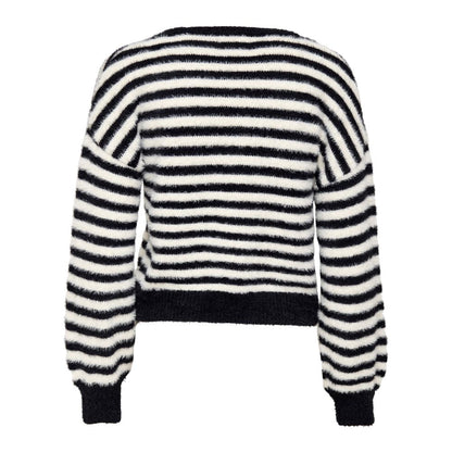 Only Black And White Marabou Sweatshirt, striped design, women's casual knit sweater, back view
