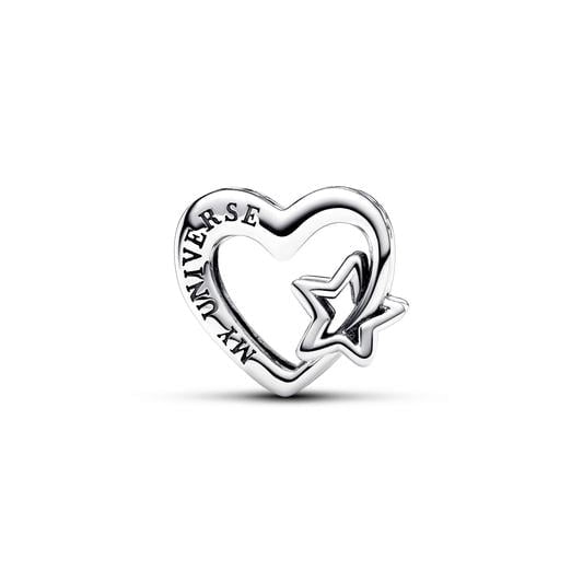 PANDORA JEWELRY Mod. 792829C00 heart charm with 'My Universe' inscription and star design in silver 925°.