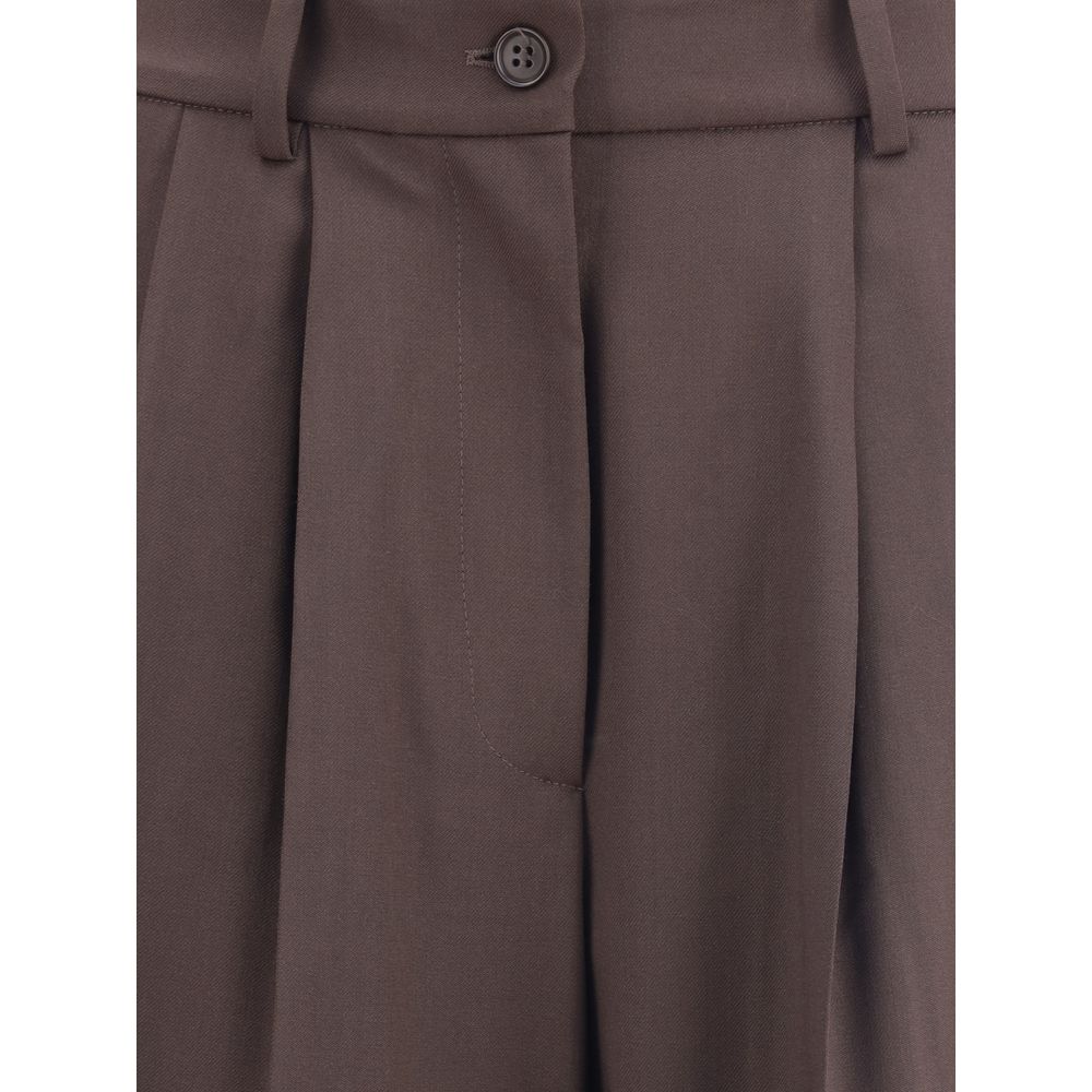 Close-up of P.A.R.O.S.H. Brown Fleece Wool Dress Pants showing front button waist and elegant tailoring.