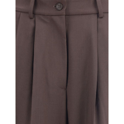 Close-up of P.A.R.O.S.H. Brown Fleece Wool Dress Pants showing front button waist and elegant tailoring.