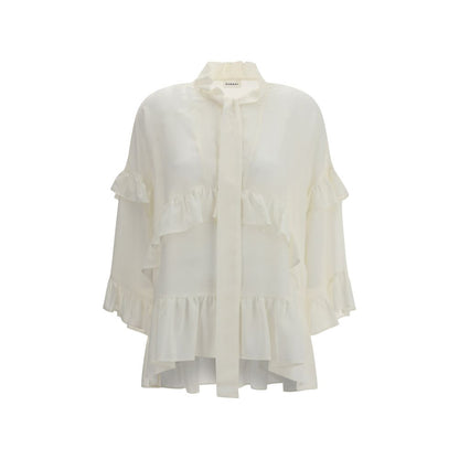 P.A.R.O.S.H. Cream Silk Blouse with ruffles, V-neck, and bow closure, 100% silk, elegant design perfect for the AW25 season.