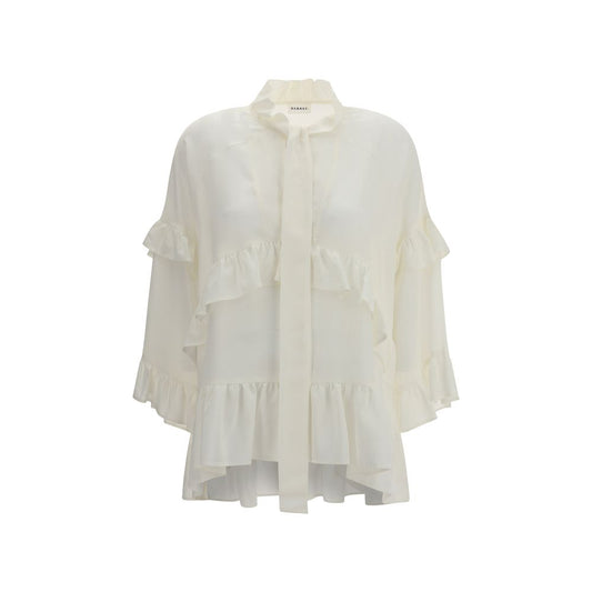 P.A.R.O.S.H. Cream Silk Blouse with ruffles, V-neck, and bow closure, 100% silk, elegant design perfect for the AW25 season.