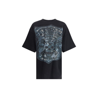 PDF Channel Black Cotton T-Shirt with embossed graphic design, crew neck, and short sleeves for a modern casual look.
