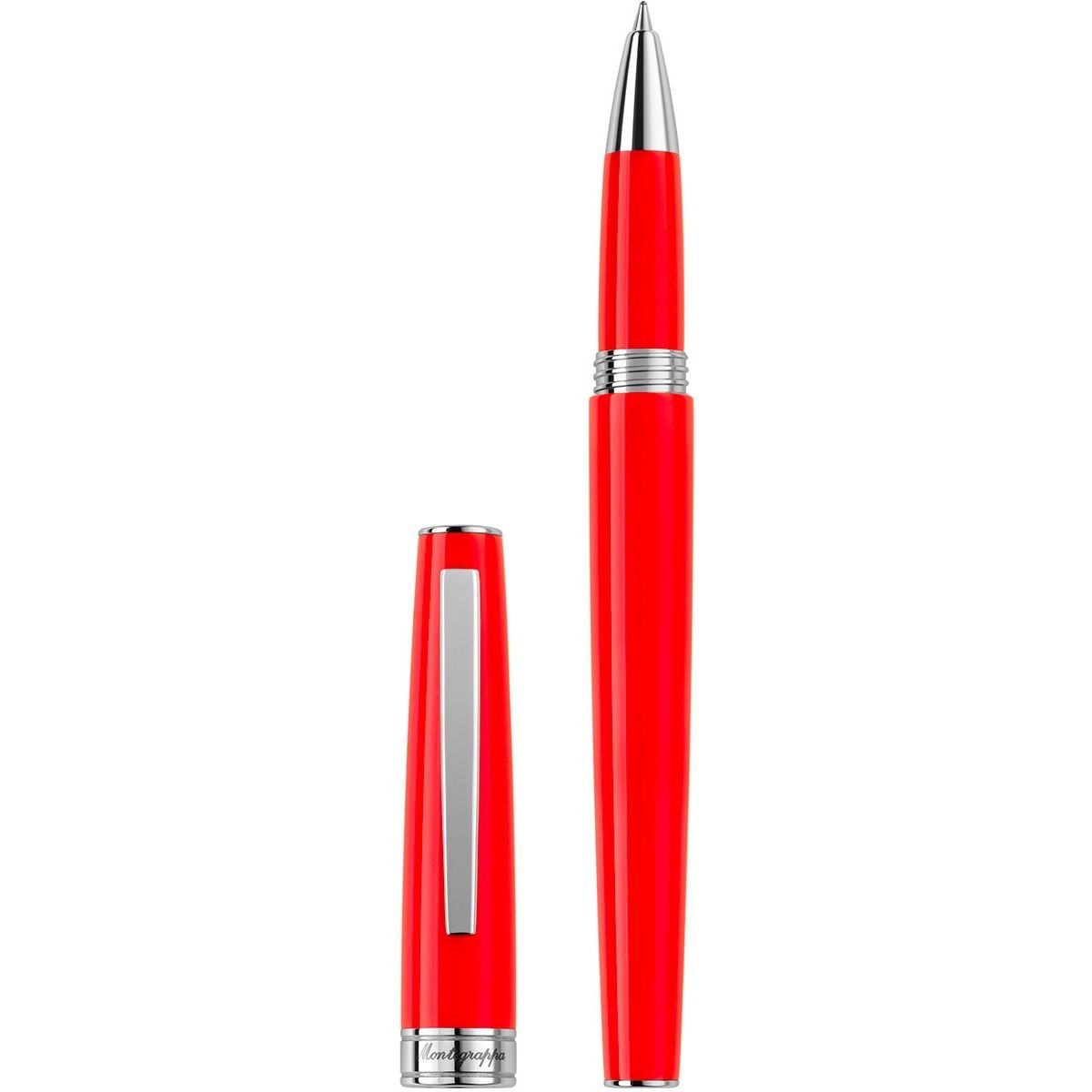 Bright red PENNE MONTEGRAPPA MOD. ISA1RRAR_1 pen with cap, featuring sleek design and silver accents, perfect for elegant writing.