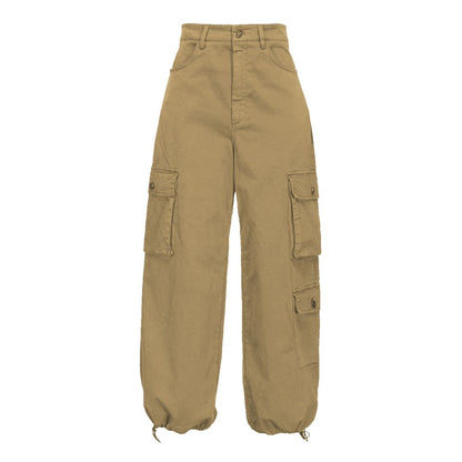 PINKO Beige Cotton Women Cargo Pant featuring lightweight gabardine fabric with seven-pocket design and button zipper closure for chic versatility.