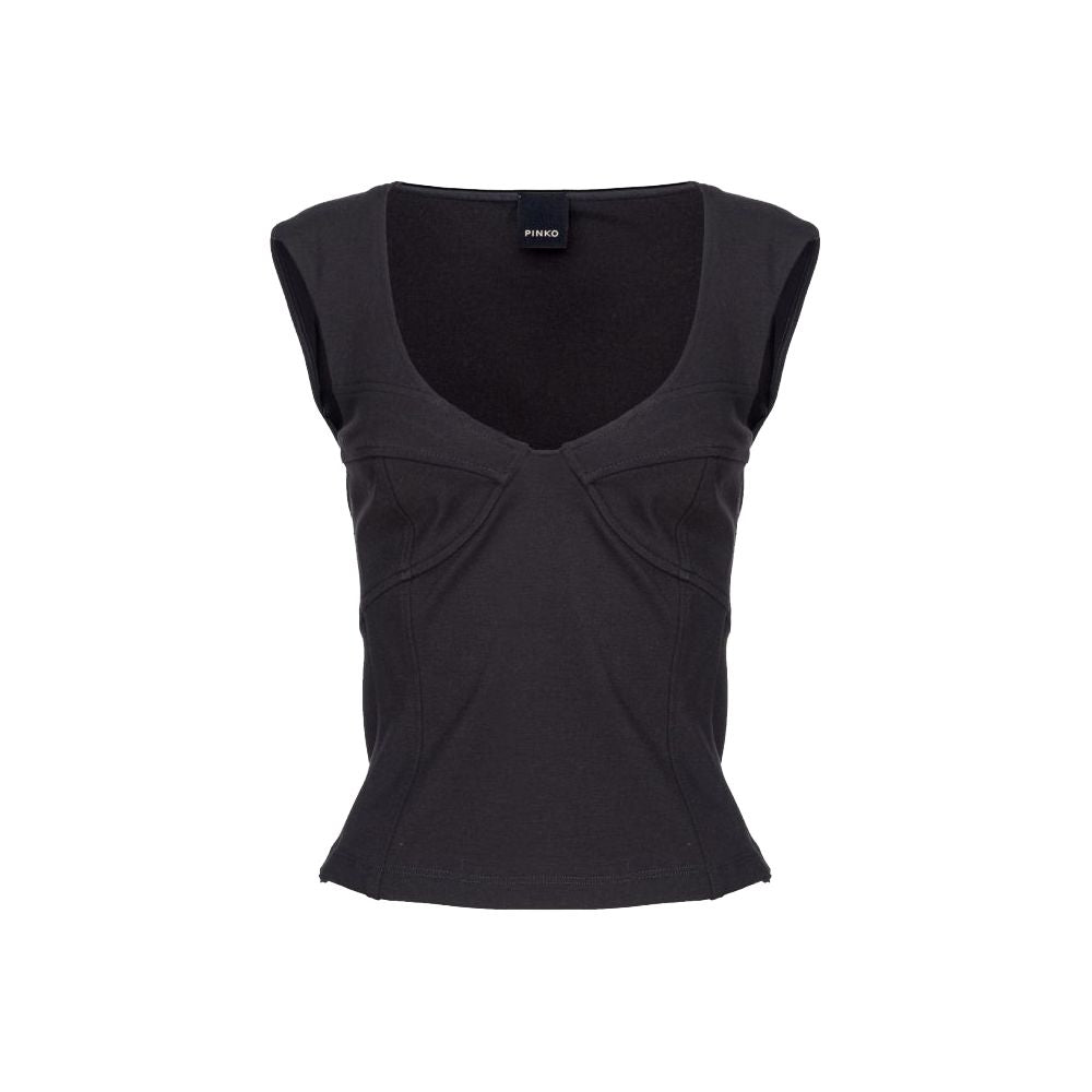 PINKO Black Viscose Women Top with wide neckline and side zip, showcasing elegant and chic design in a comfortable stretch fabric.