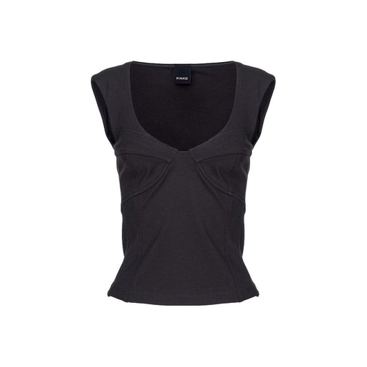 PINKO Black Viscose Women Top with wide neckline and side zip, showcasing elegant and chic design in a comfortable stretch fabric.