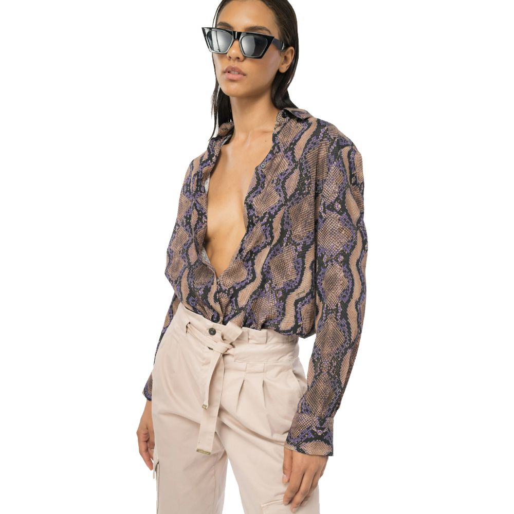 PINKO Multicolor Viscose Shirt with snake print, button closure, and classic collar on a model wearing sunglasses and high-waisted pants.