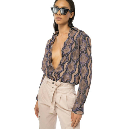 PINKO Multicolor Viscose Shirt with snake print, button closure, and classic collar on a model wearing sunglasses and high-waisted pants.