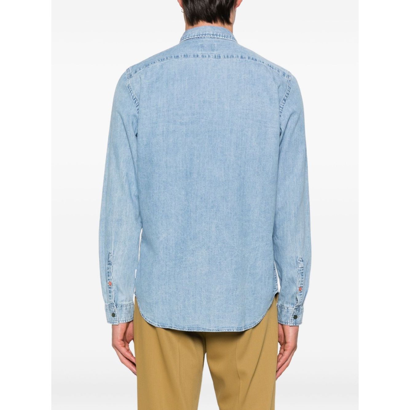 Back view of PS By Paul Smith Shirts Clear Blue denim long sleeve with classic collar and striped cotton.