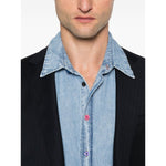 Man wearing PS By Paul Smith Shirts Clear Blue, light blue denim long sleeve with classic collar and striped cotton design.