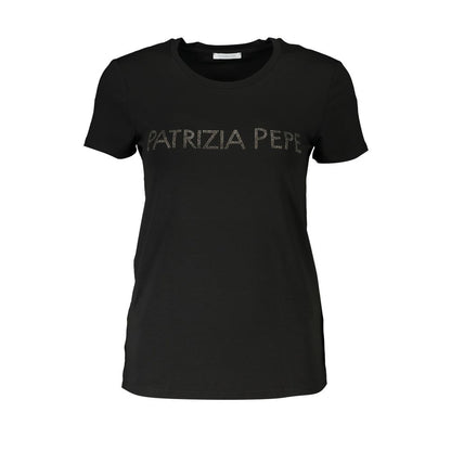Patrizia Pepe Black Organic Cotton Women T-Shirt with rhinestone logo, short sleeves, crew neck, chic design, luxury comfort.