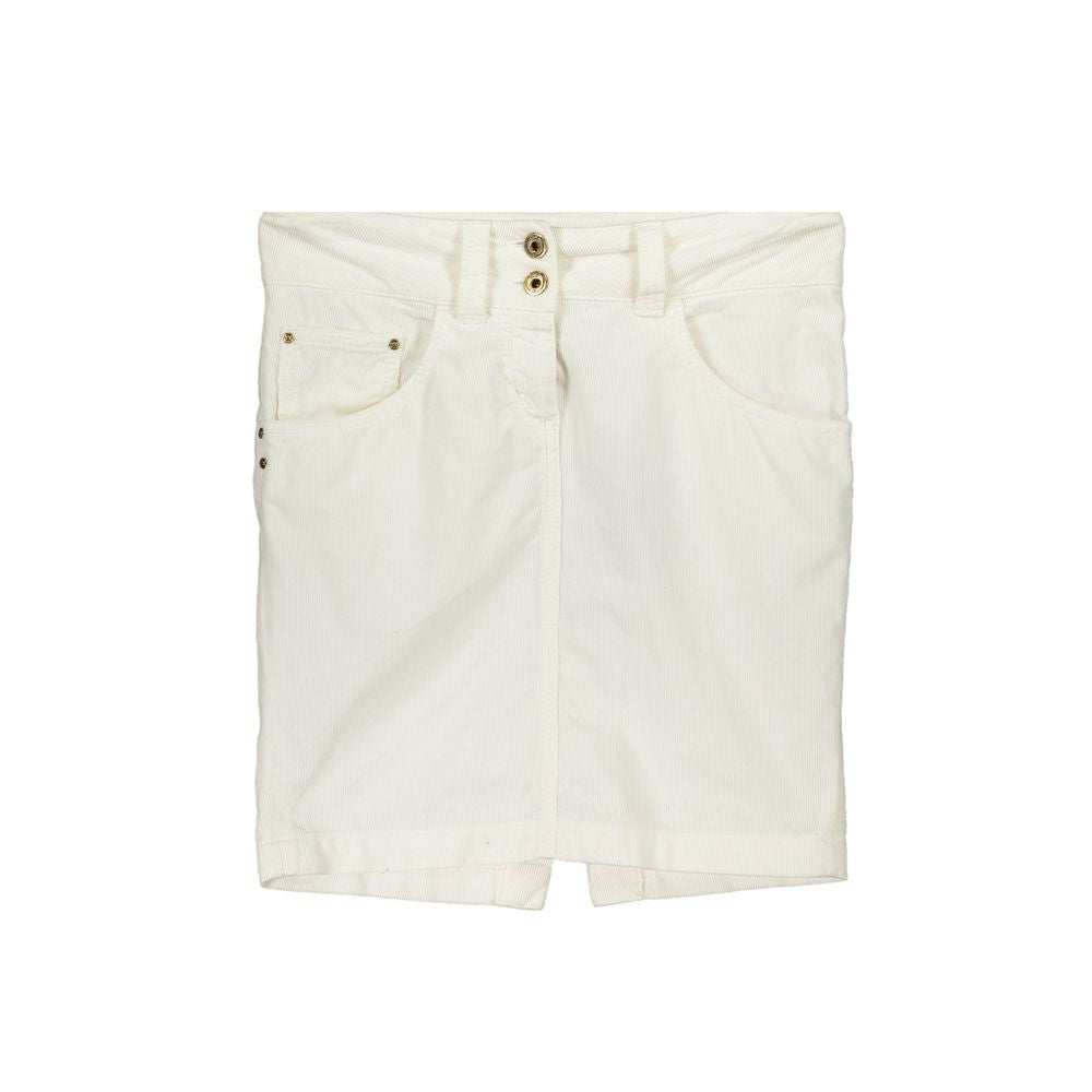 Patrizia Pepe White Cotton Skirt, short style with 5 pockets, buttons and zip closure, featuring logo detail.