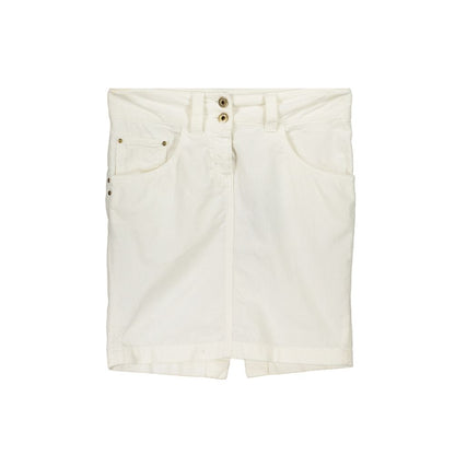 Patrizia Pepe White Cotton Skirt, short style with 5 pockets, buttons and zip closure, featuring logo detail.