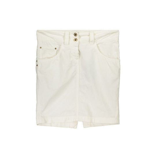 Patrizia Pepe White Cotton Skirt featuring short style, 5 pockets, buttons, zip, and logo detail