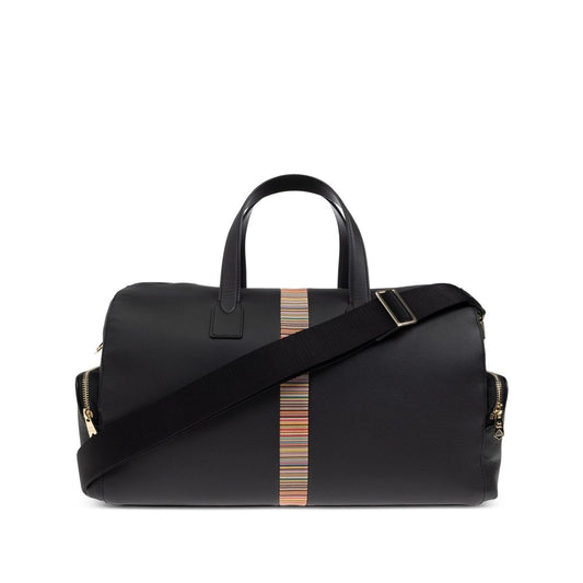 Paul Smith Leather 'Signature Stripe' Trim Holdall with top handles, detachable shoulder strap, and colorful stripe detail on a black bag.