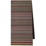 Paul Smith Signature Stripe wool and silk scarf in dark red with frayed edge, wraparound style, featuring multicolor stripes.
