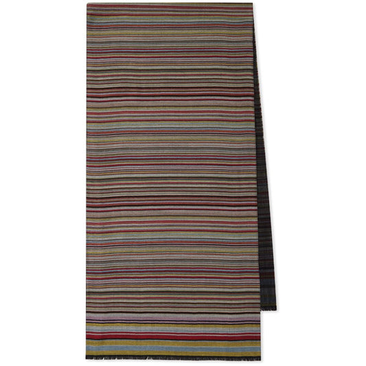 Paul Smith Signature Stripe wool and silk scarf, dark red with frayed edges, wraparound style.
