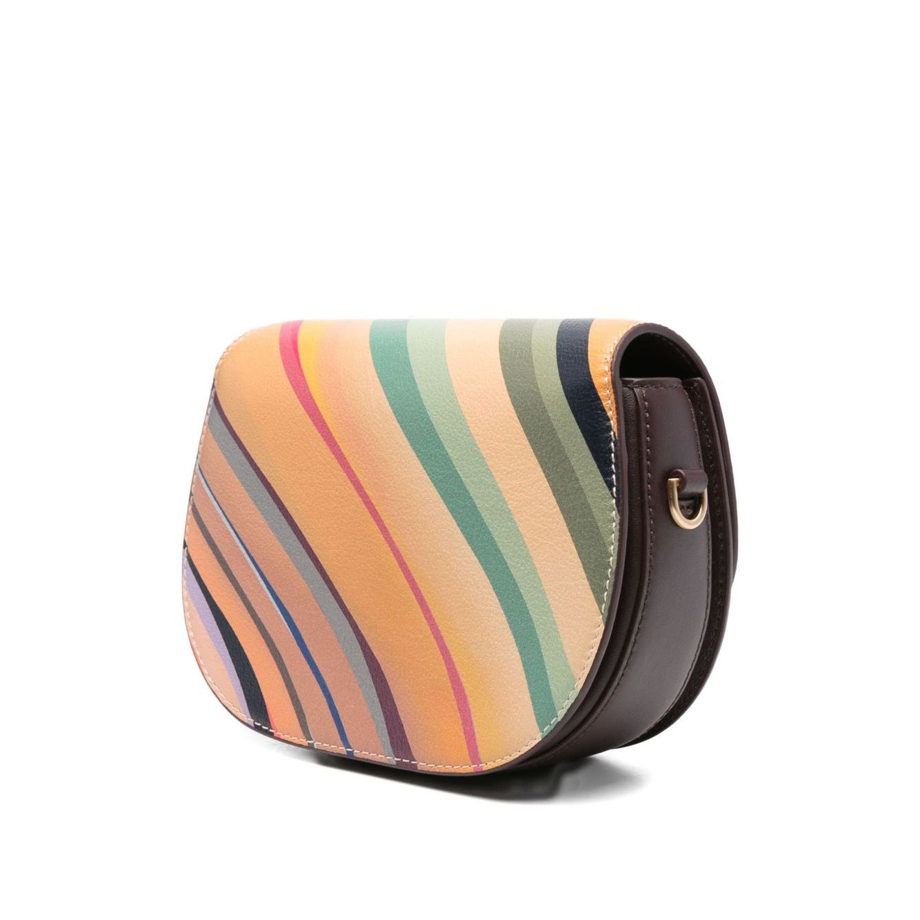 Paul Smith Swirl Leather Saddle Bag with multicolor swirl pattern and adjustable strap, featuring flap closure. Fashionable and stylish design.