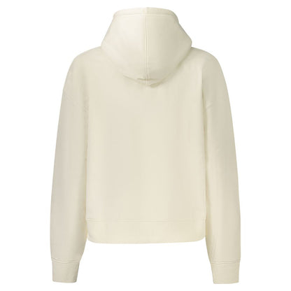 Back view of Pepe Jeans White Cotton Women Sweater showcasing hoodie design and organic cotton material.